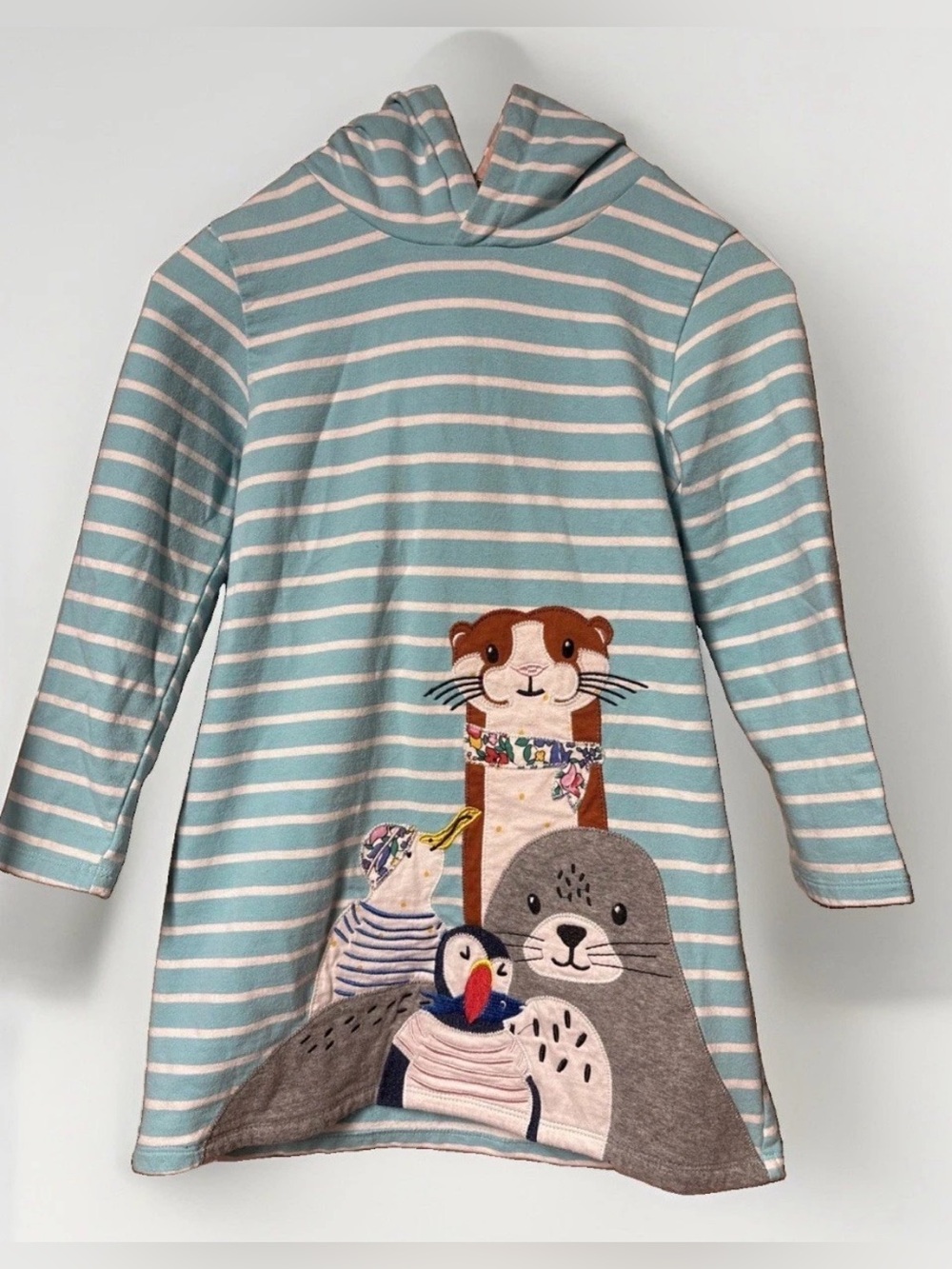 BODEN Girls Size 5 Appliqué Hooded Beach Dress Aqua Ivory Sea Ocean Otter Seal